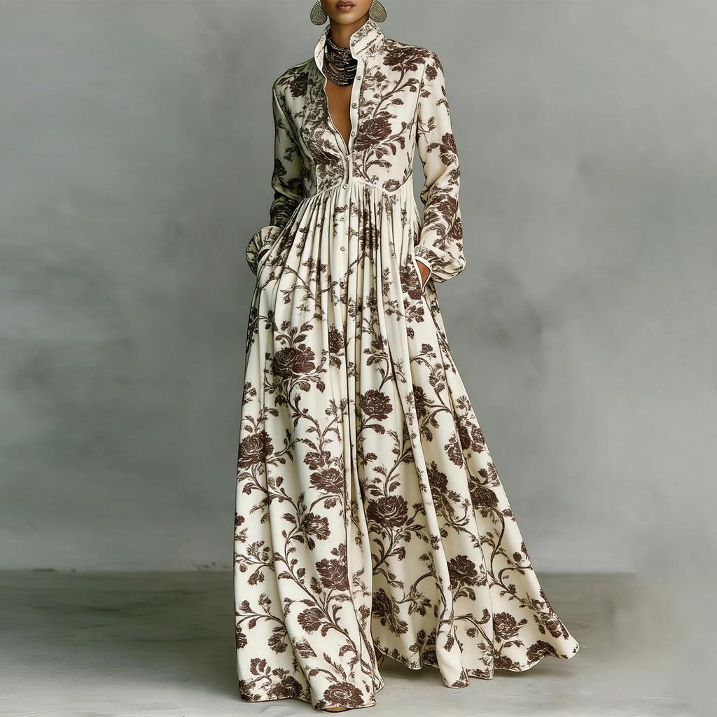 Women's Fashionable Stand Up Collar Long Sleeved Floral Print Waist Slimming Retro Casual Vacation Dress