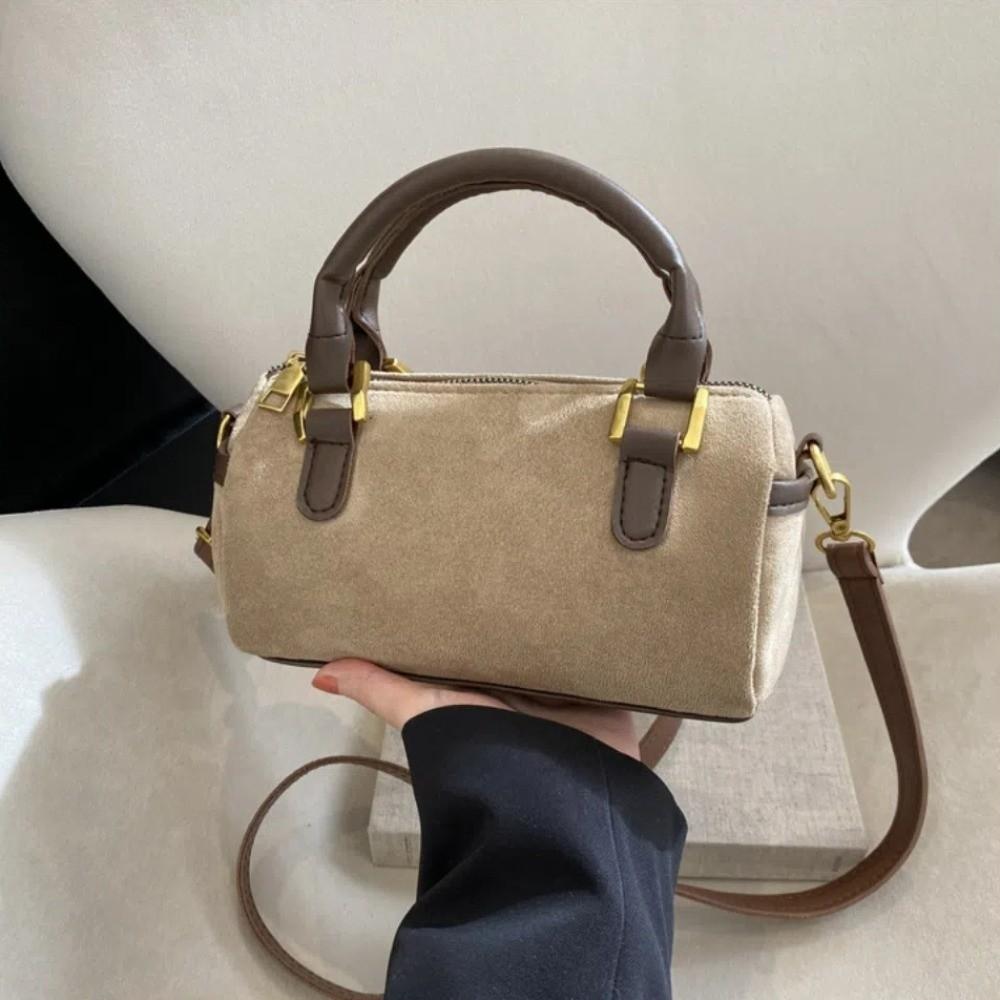 Zipper Faux Suede Cylinder Bag Y2K Women's Handbag Simple Boston Crossbody Bag Girls
