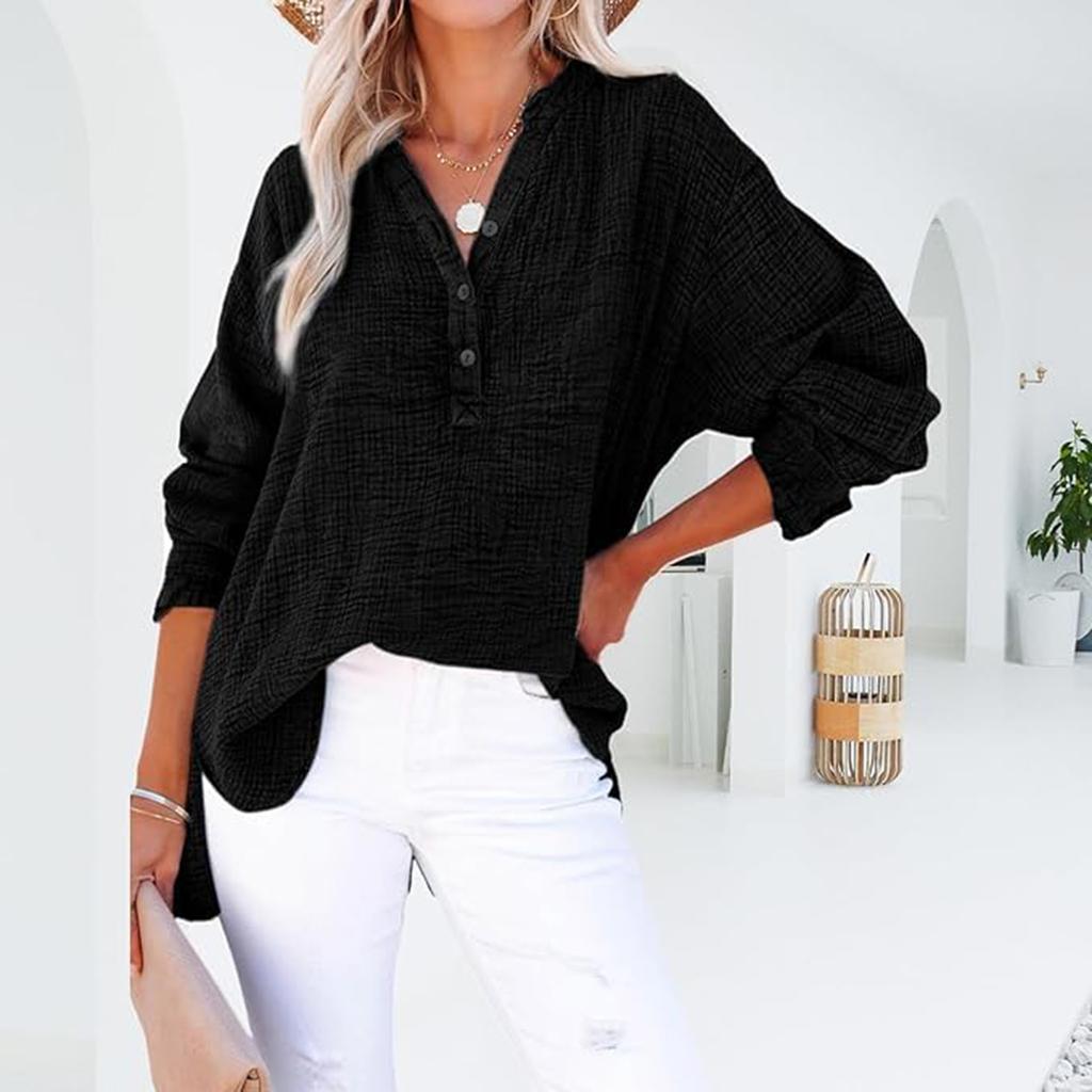 Women's Fashion Casual Loose Pleated Button-Up Long Sleeve  Color Pullover Shirt Top