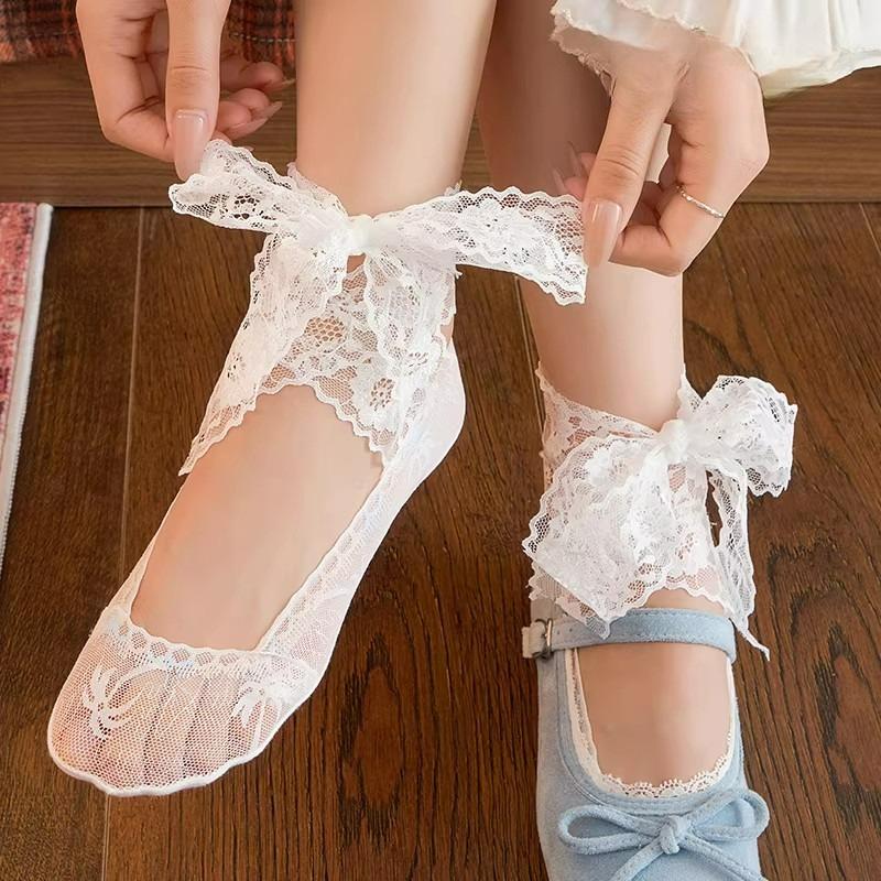 

1/4pairs Fashion White Flower Lace Tie Straps Boat Socks Korean Sweet Ballet Sock for Women Kawaii Lolita JK Slipper Dance Sock One Size