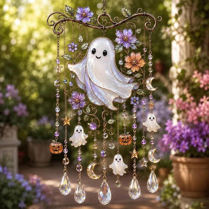Halloween Entryway Hanging Ornament Acrylic Sun Catchers Wind Chimes with Crystal-Look Drop for Indoor Window Decors