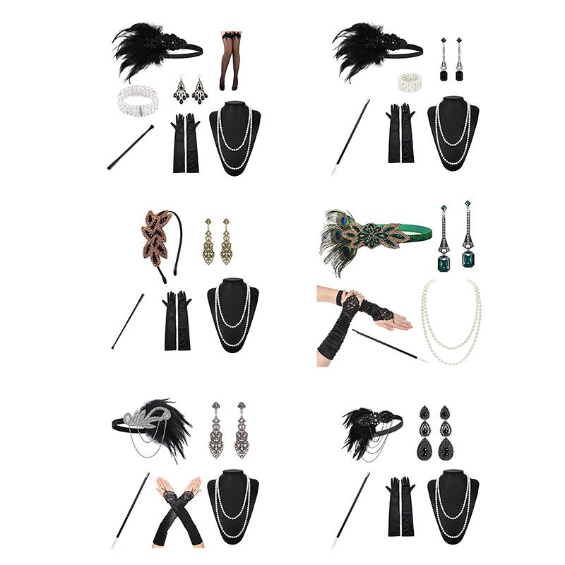 1 Set 1920'S Flapper Cosplay Costume Feather Headband Pearl Necklace Bracelet Stockings Long Glove Gatsby Masquerade Accessories