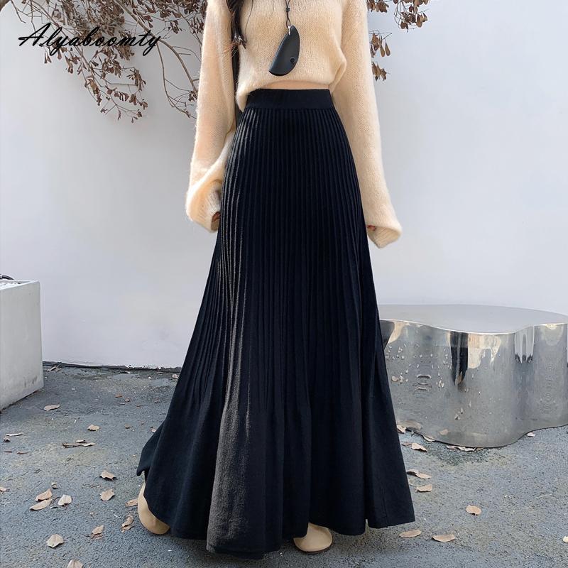 Korean Fashion Autumn Winter Women Maxi Long Skirt High Waist Black Beige Grey Knitting Skirt Elegant Feminine Pleated Skirts Womens