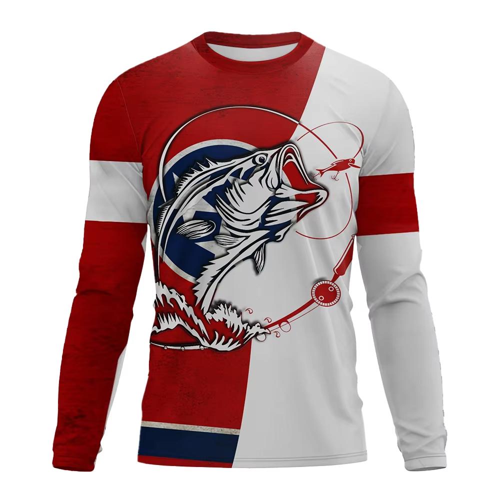 Spring and Autumn Round Neck 3D Fishing Printed T-shirts Fashionable Casual Long Sleeved Men's T-shirts