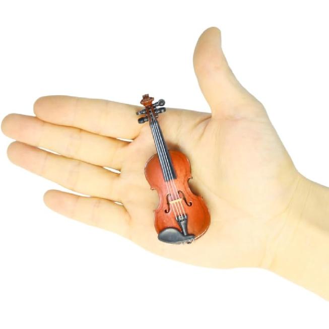 Wooden Miniature Violin with Stand, Bow and Case, Mini Musical Instrument, Dollhouse Model Miniature Home Decoration (3.15")