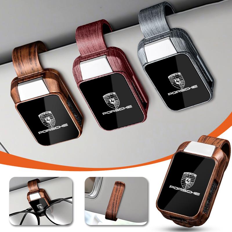 Wood Grain Car Sun Visor Glasses Clip Sunglasses Ticket Card Holder For Porsche Panamera Cayenne Taycan 911 718 Macan Carrera-GT