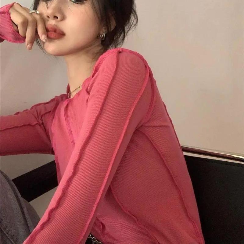 2KWEIRD Korean Fashion Ribbed T-shirts Sexy Slim Long Sleeve Tshirts Chic Streetwear Kpop Designer Clothes Solid Tight Tops Y2k