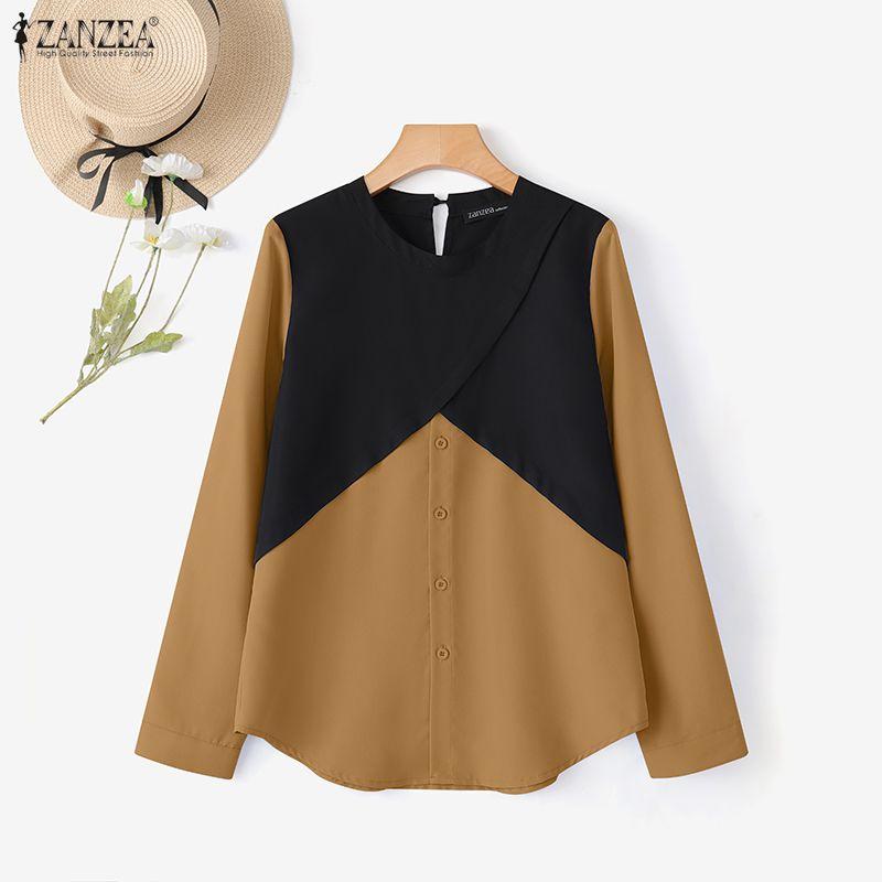 ZANZEA Women Casual Round Neck Long Sleeve Loose Patchwork Blouse