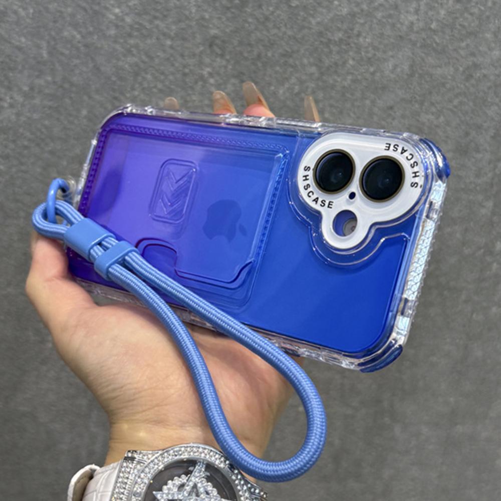 

Gradient Slot Card Holder Wrist Strap Lanyard Phone Case For iPhone 15 16 Pro Max Plus 13 12 Air Cushion Bumper Protective Cover Case & Strap&iPhone 15
