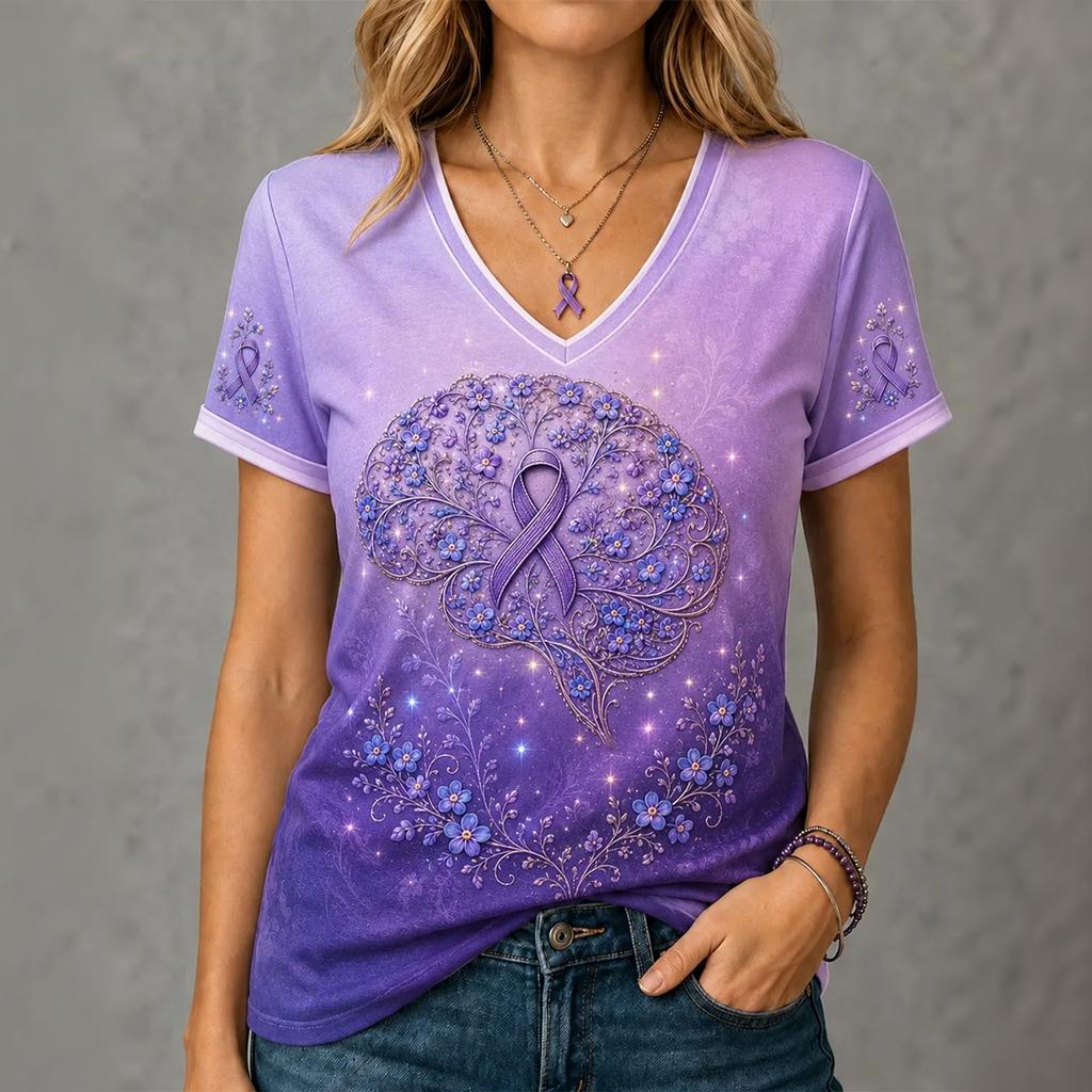 Women's 3D Print V-Neck Short Sleeve T-Shirt Loose Fit Casual Top