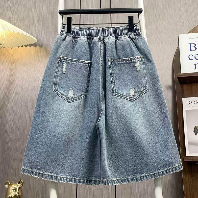 Summer Large Size High Waist Wide Legs Thin Ripped Denim Shorts Women's Casual Elastic Waist Waist Five-point Shorts Vintage Fray Loose Knee Culottes