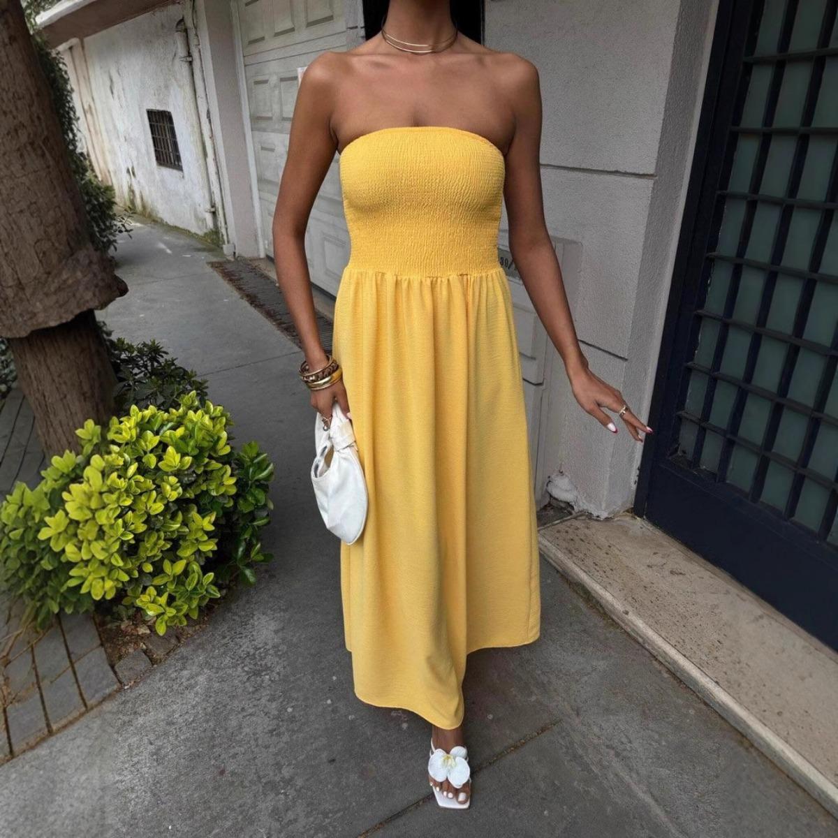 Summer Women s Solid Color Long Dress, Sexy Wrap Chest Waist Cinched Party Dress, European American Style Casual Evening Dresses S