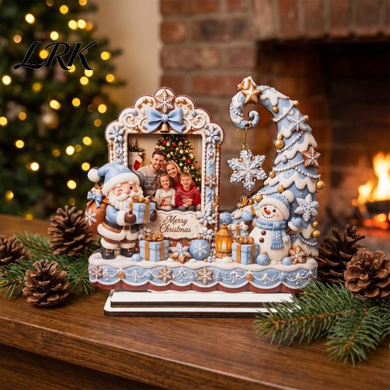 Seasonal Home Decor Christmas Wooden Photo Frame, 2D Picture Holder with Santa Snowman & Holiday Storage Snowflake Pendant, Family Display Frame