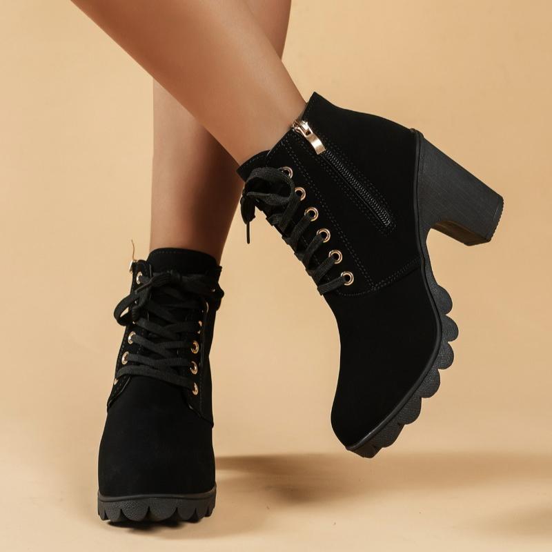Autumn And Winter New Korean Version British Style high-heeled Thick-heeled Boots Lace Short Single Boots Naked Boots Women