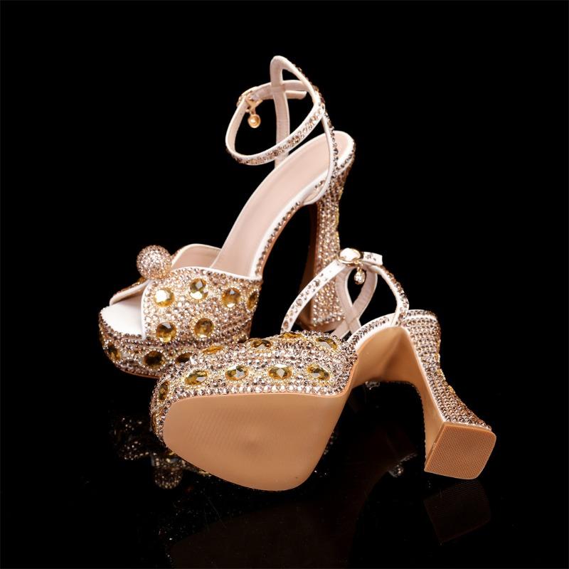 Fashion 14CM Style Rhinestone Sequined Peep Toe Women Gladiator Sandals Summer Elegant High Heels Crystal Wedding Banquet Bridal Shoes