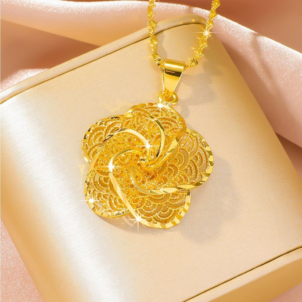 

Luxury Pure Gold real gold Women s Large Hollow Flower Pendant Necklace золотой