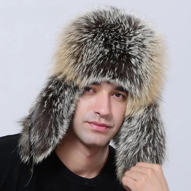 Wintermütze für Herren, natürlicher, flauschiger Waschbärpelz, luxuriös, warm, verstellbar, hochwertige Schaffell-Bombermütze, Uschanka, stilvolle Trappermütze