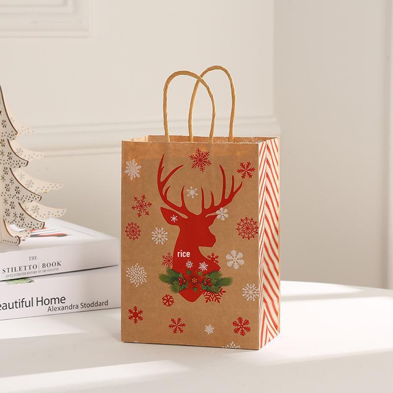Christmas Kraft Paper Gift Bags with Snowflake and Reindeer Designs - Holiday Shopping and Clothing Packaging Tote Bags