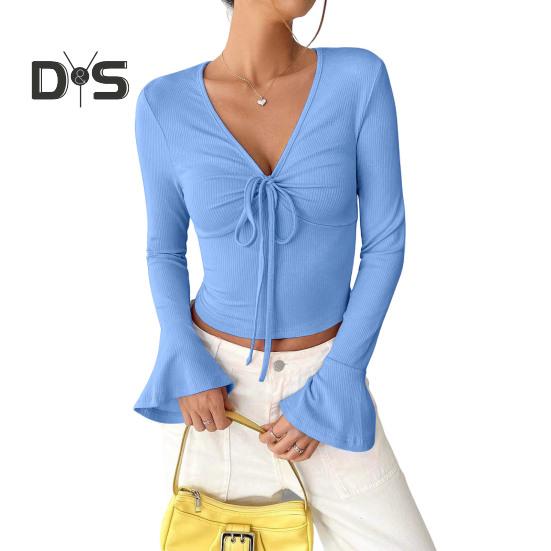 

Женские топы с V-образным вырезом, расклешенные, с длинным рукавом, на шнуровке, пуловеры, облегающие, однотонные, повседневные топы, универсальная повседневная одежда XL небесно-голубой