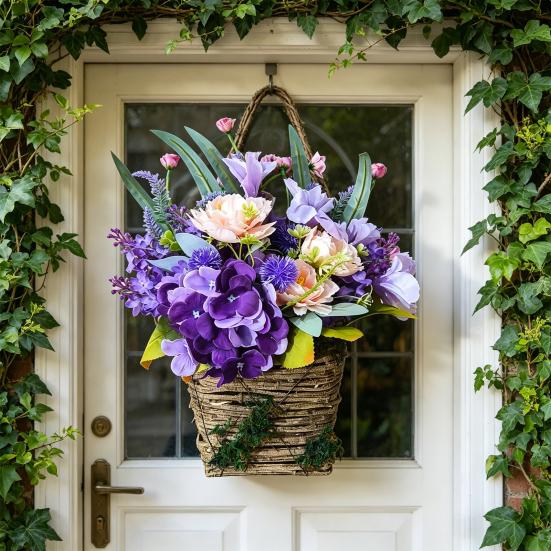 Artificial Flower Basket Farmhouse Floral Arrangement Rustic Faux Wildflowers for Outdoor Front Porch Spring Home Decor