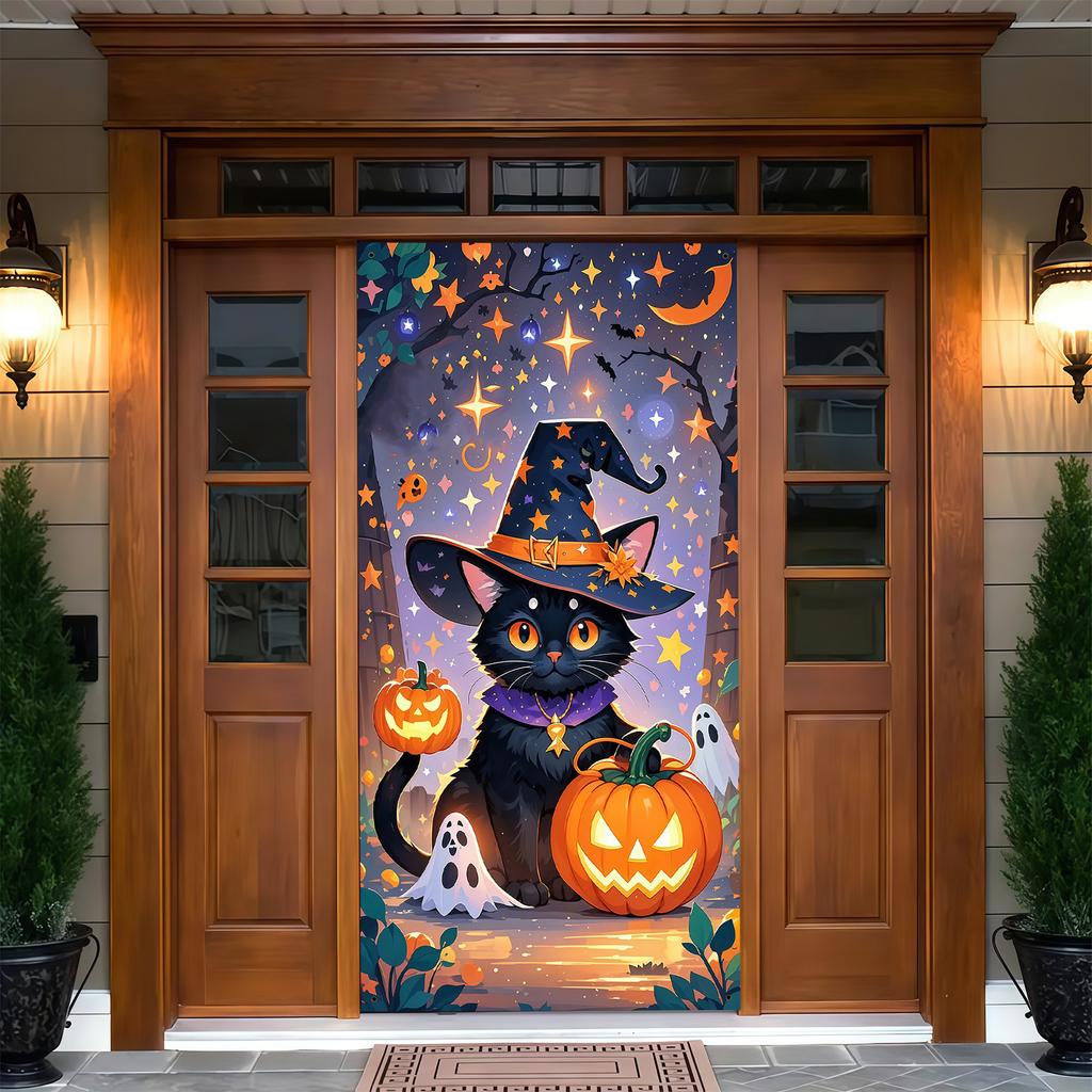 2D Flat Halloween Door Black Cat Witch Hat with Purple Necklace Pumpkin Ghost Starry Sky Pattern Durable Polyester Hanging Decor