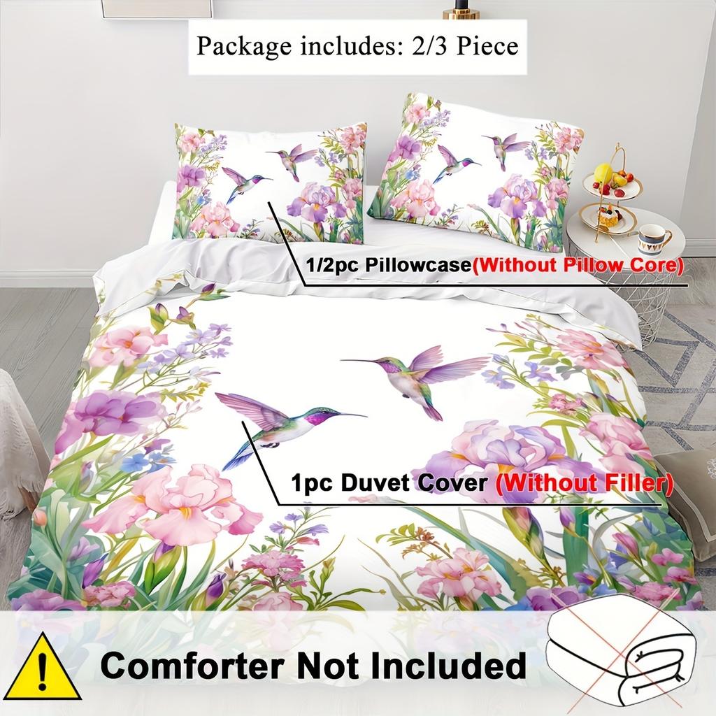 2/3pcs Hummingbird Bedding Set Animal Duvet Set Kingfisher Quilt Cover Bedroom Decor Guest Room 2D Pink Floral Flat Print