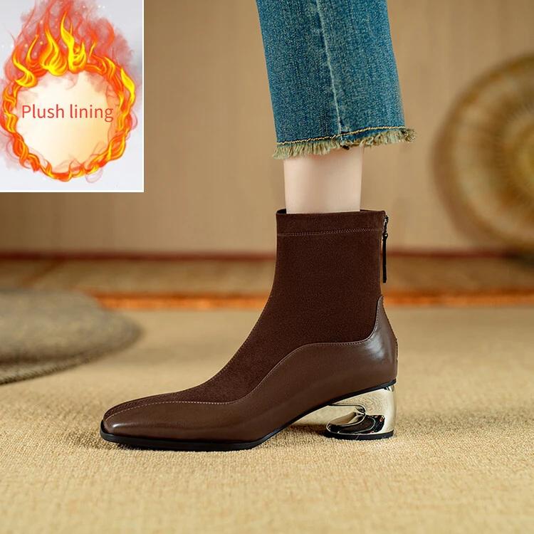 New 5.5cm Irregular Curved Heel Sheep Suede Short Boots  Autumn/Winter Fashion Short Plush  Warm Black Brown Ankle Boots Size 40