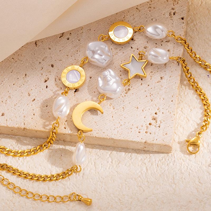 

Простые и высококачественные модные нишевые геометрические диски, перламутровый браслет из титановой стали, ювелирные изделия с дизайном «звезда и луна»