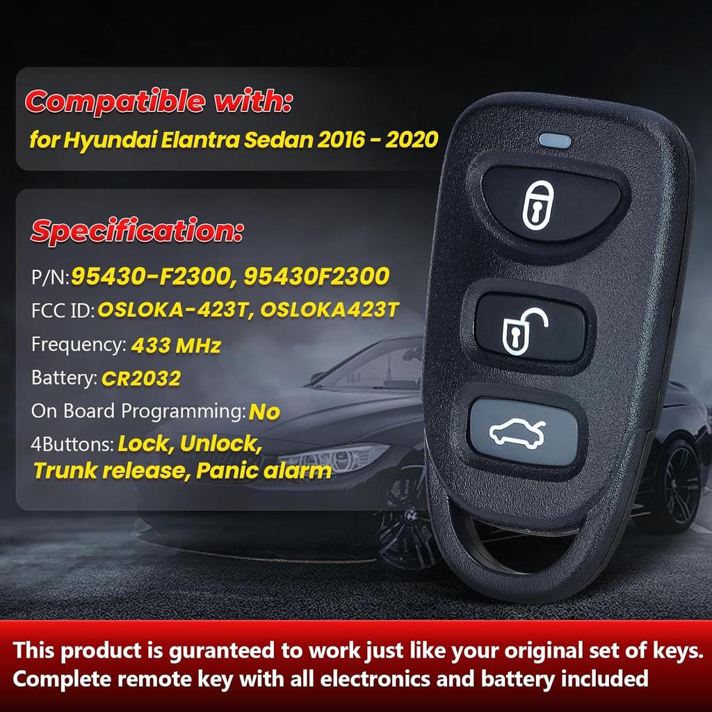 Key Fob Replacement OSLOKA-423T for Hyundai Elantra Sedan 2016 2017 2018 2019 2020 Keyless Remote Control Car Key P/N: 95430-F2300