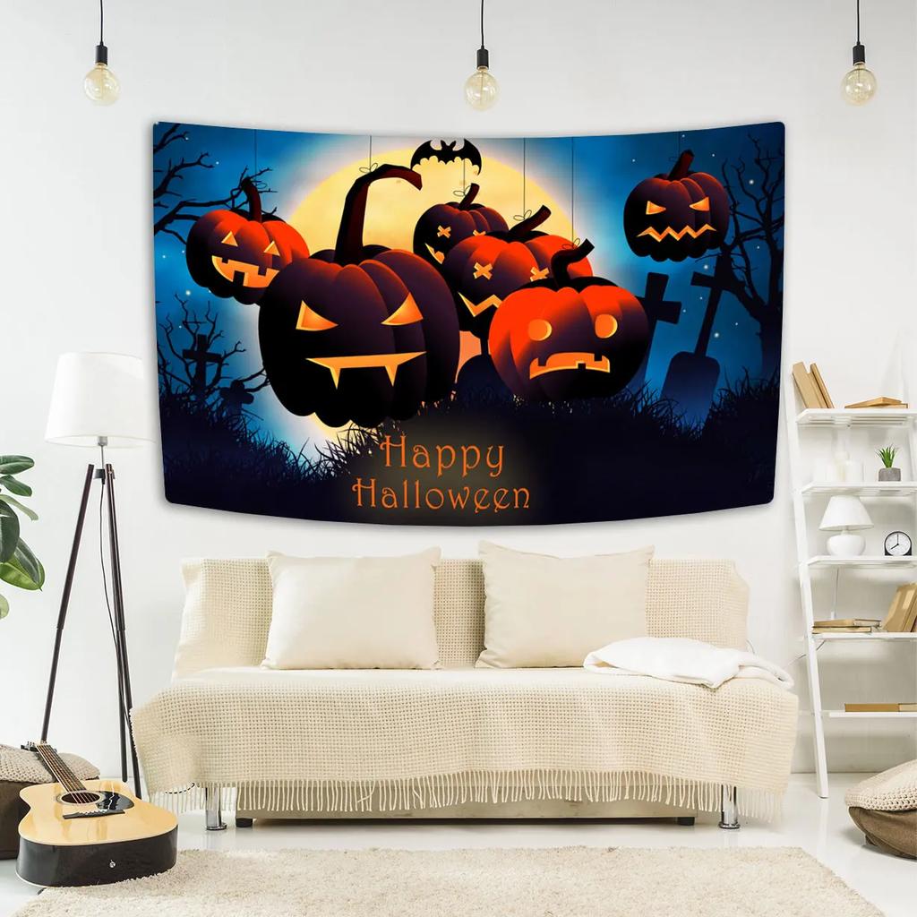 Happy Halloween Tapestry Bat Pumpkin Printed Tapestry Wall Hanging Party Background Cloth Home Living Room Bedroom Dorm Decor