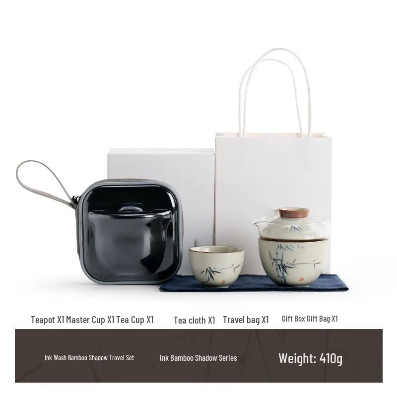 Mr. Nanshan Portable Ru Kiln Ceramic Travel Tea Set Ink Bamboo Shadow Travel Set