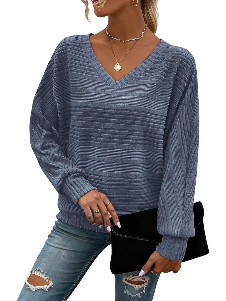 2025 Women's V-Neck Patchwork Long Sleeve Casual Pullover Top - Solid Color