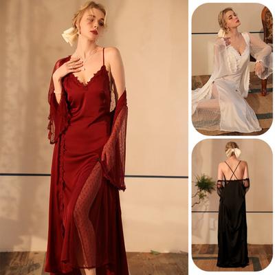 Rochie de noapte sexy cu bureți la bust, Halat extins, Set pijamale pentru femei, cu mânecă lungă, din satin, pentru acasă