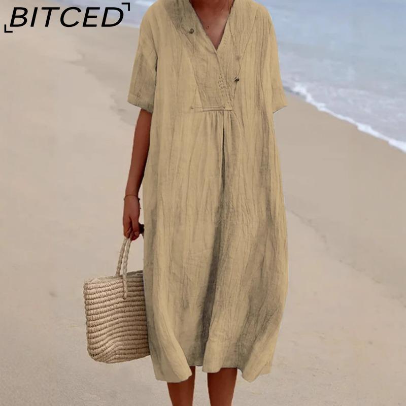 BITCED Women's Fashion Summer Spring Solid Color Print Short Sleeve V-Neck High Waist Casual Dresses
