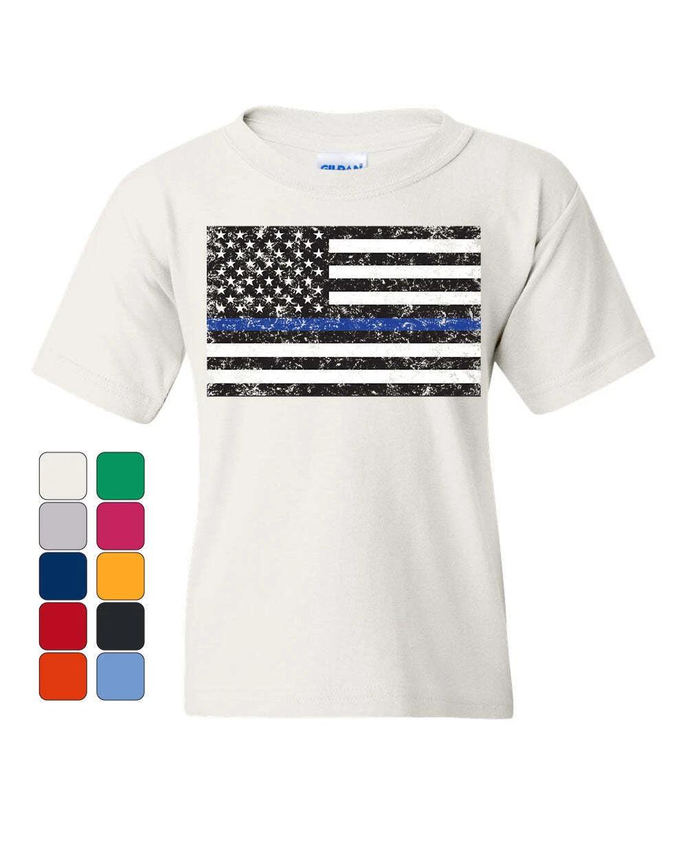 American Flag Thin Blue Line Youth kids boys T-Shirt Police USA Law Enforcet Kids Tee 120