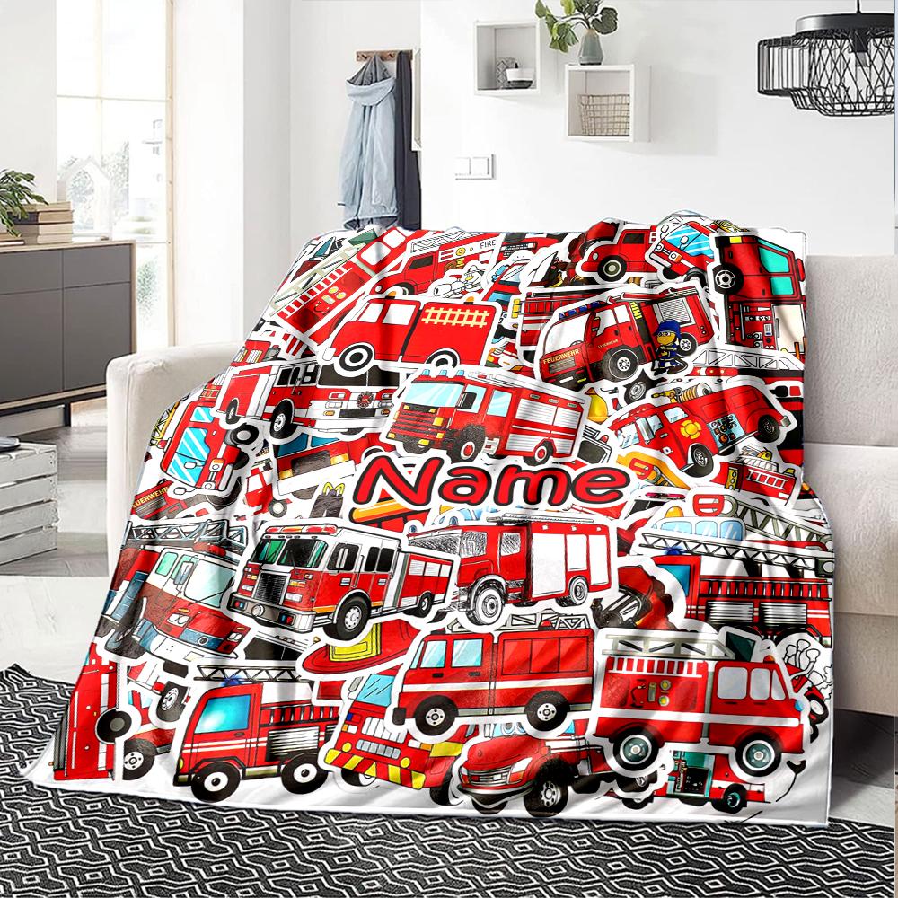Custom Name fire truck Theme Printed Blanket - Perfect for Couch, Bed, Travel & Outdoor Use | Machine Washable, Cozy & Durable.