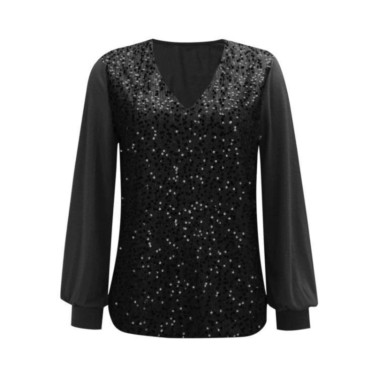 Sparkly Sequin Blouse for Women Loose Long Sleeve Shiny V Neck Party Dressy Shirt Holiday Evening Wear