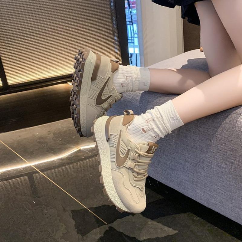 Heightened Thick-soled Pink Lightweight Leather Dad Shoes Women's Autumn New Breathable Sports and Leisure Shoes