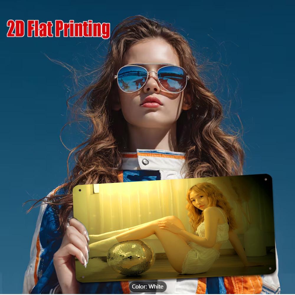 HD Metal Tin Sign Woman with Blonde Hair in Oversized Sunglasses and Red Lipstick Posing Against Warm Retro Background Fashion A