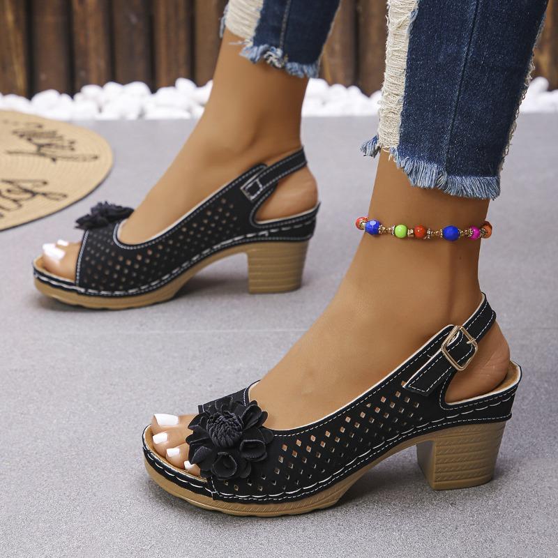 Large size high-heeled sandals women's summer independent station new hollow flower fish mouth one-word buckle with Velcro sandals