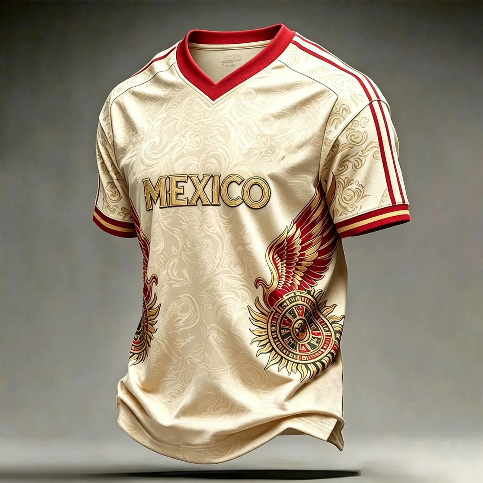 Men s V-Neck Short Sleeve T-Shirt with Mexico Soccer Graphic Print, Breathable Casual Summer Top L