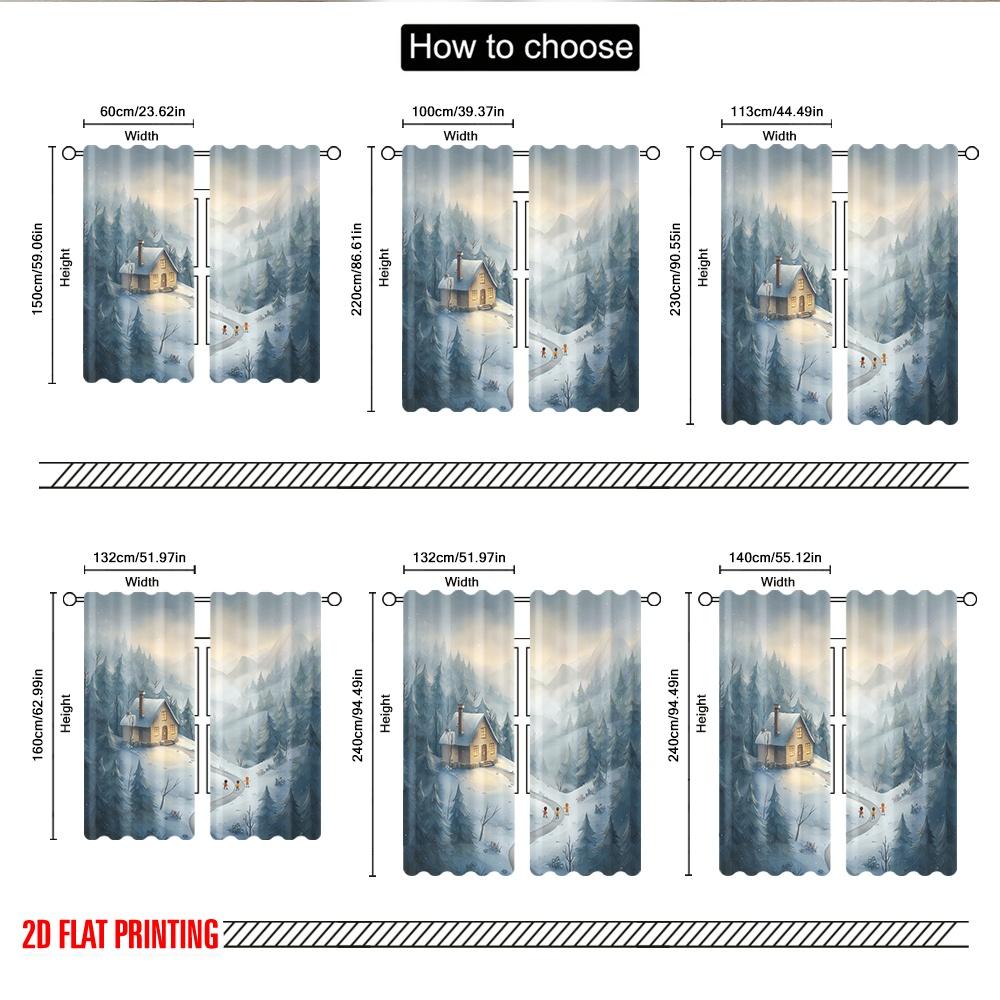 2pcs 2D flat printing Happy Christmas fashion curtains Cozy Cabin Snow Mountain Winter Digital Printed Polyester Drapes Family