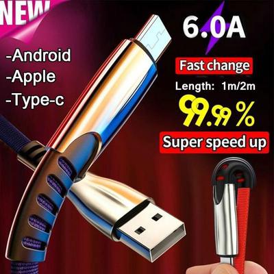 Cable de carga rápida de aleación de aluminio 6A, Cable de carga de 1m/2m aplicable a Android, Apple, tipo c, iPhone, ipad, OPPO, oneplus, Samsung