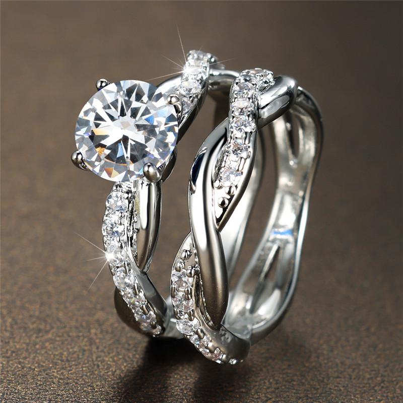 Female Crystal White Round Zircon Stone Engagement Ring Set Luxury Yellow Gold Color Wedding Jewelry For Women