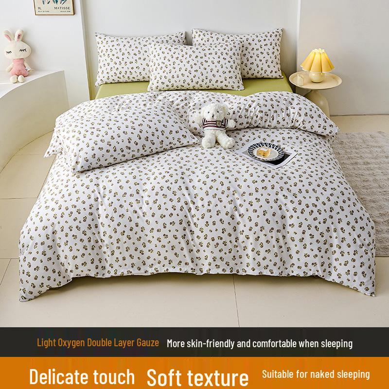 Elegant High-Weight Knit Cotton Floral Four-Piece Bedding Set – Skin-Friendly, Available In Single/Double Sizes.