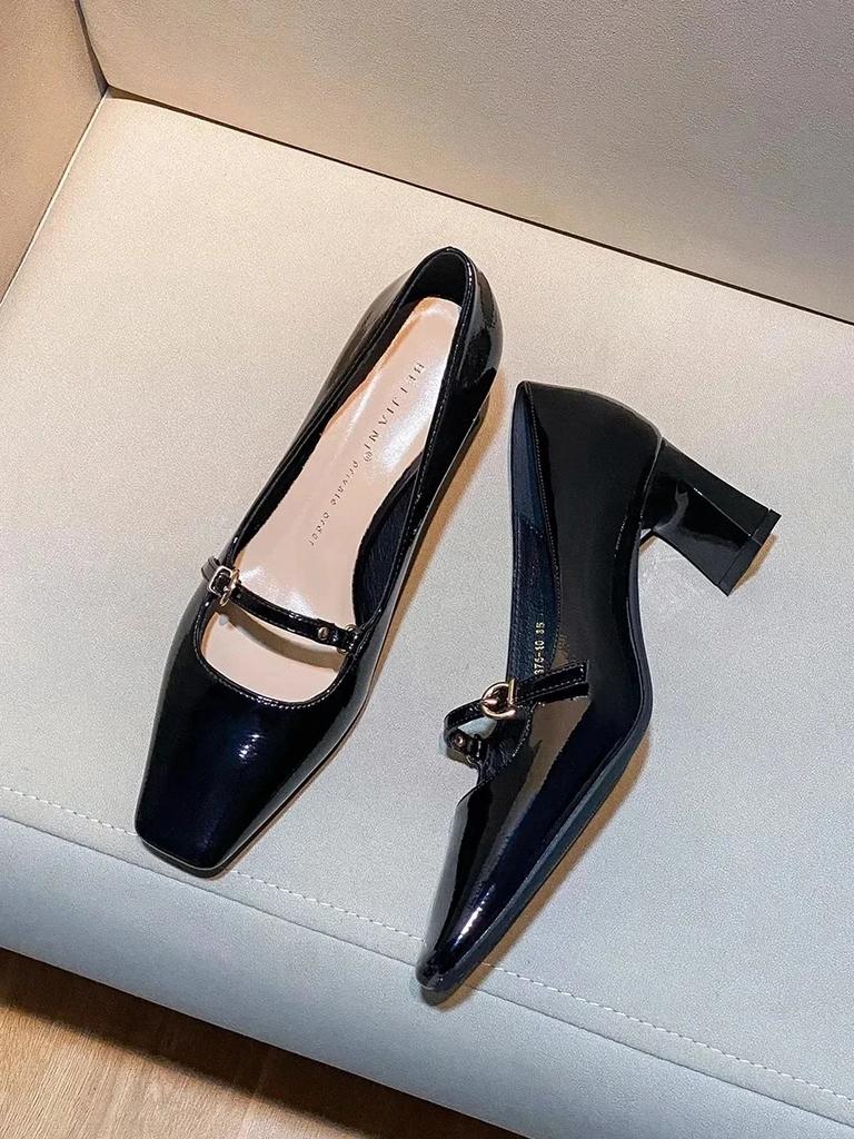 Coarse order shoes French one character new style Spring and Autumn buckle square toe high heels by 2025