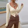 Women's Autumn and Winter New Slim V-neck Twist Fashion Sweater Ultra Short Long Sleeve Top
