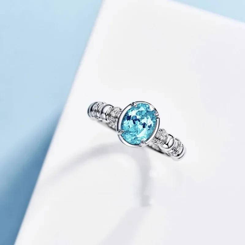 Bagues ovales en pierre précieuse bleu mer incrustée brillante pour femmes luxe léger Paraiba Simplicité bague de mode fête bijoux fins