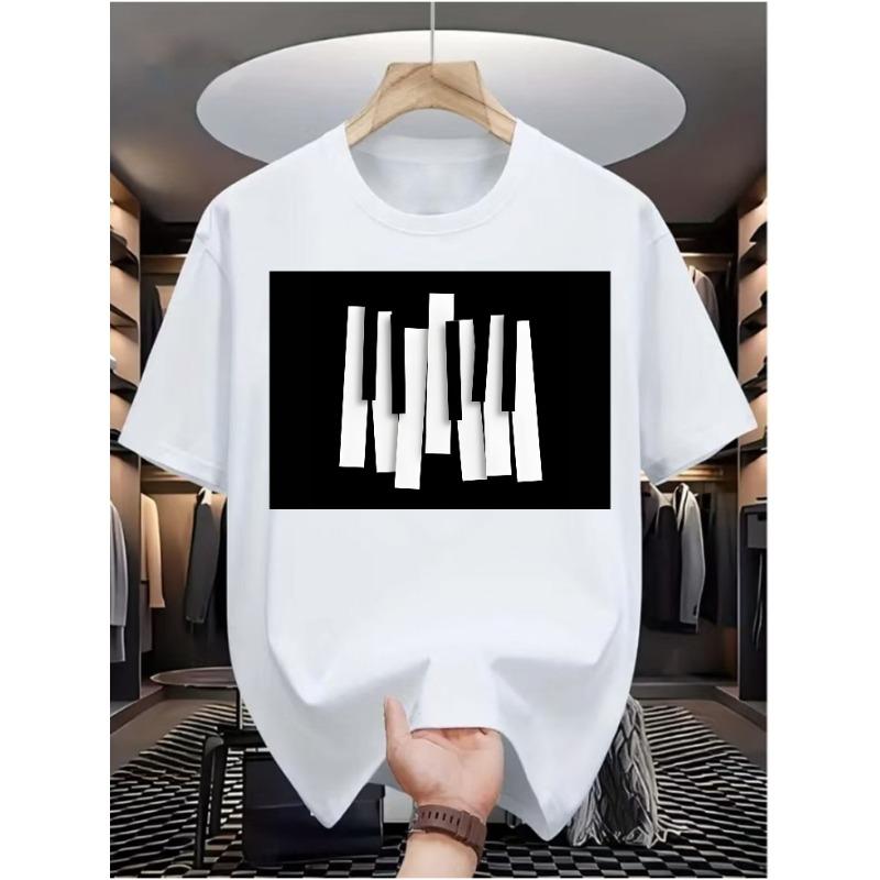 

European sizes Black and White Keyboard Men s Casual Digital Print T-Shirt , Round Neck, Short Sleeve, Street Hip-Hop Style 4XL білий