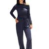 European and American women's clothing new casual and comfortable pleated diagonal collar slim top high waist wide leg pants set